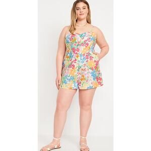 Old Navy Women's Size XL Fit & Flare Cami Romper Linen Rayon Tropical Shirred